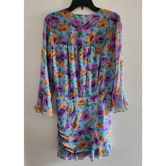 Veronica Beard Silk Floral Ruched Sean Dress Lake Blue Multi Bell Sleeve Flounce - Picture 4 of 10